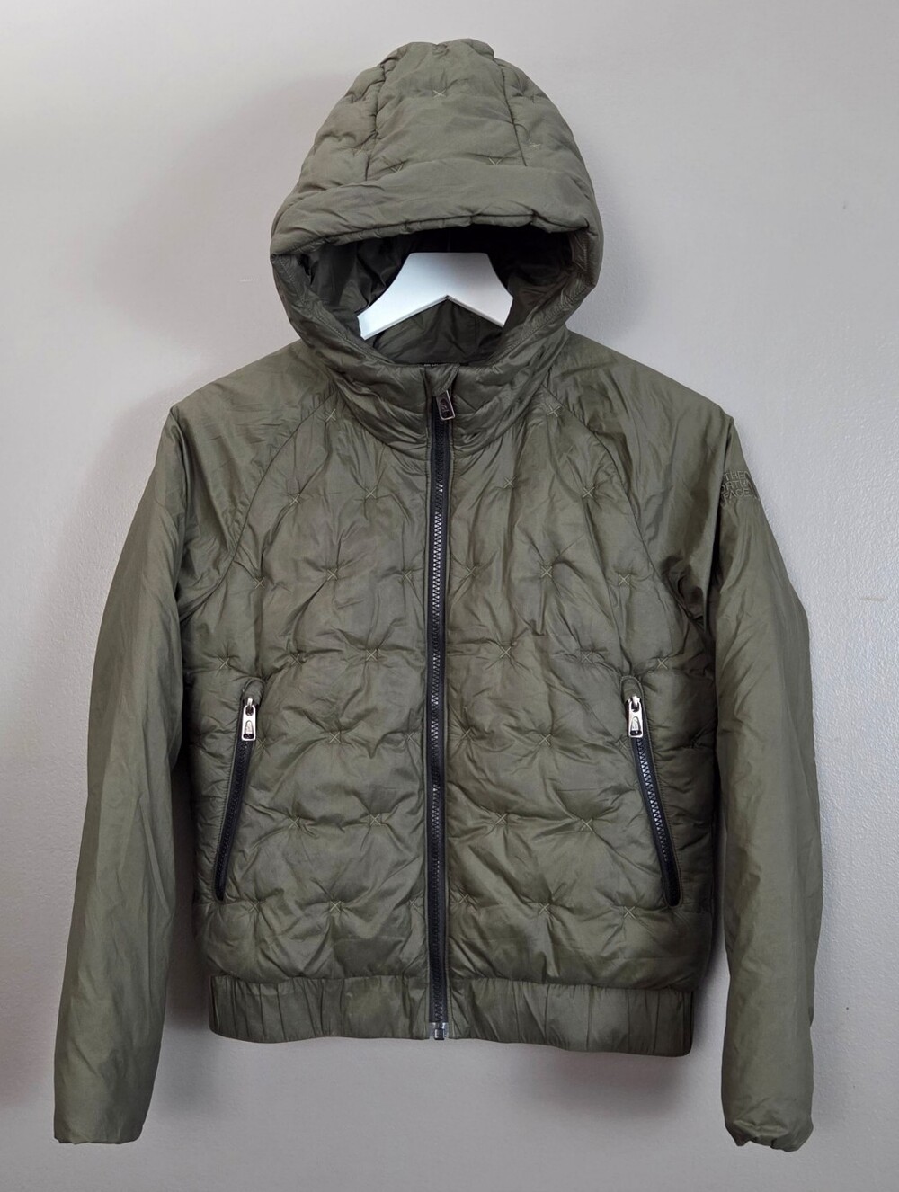 North Face Cropped Bomber Jacket Women's XS Starburst Quilted Hooded Army Green